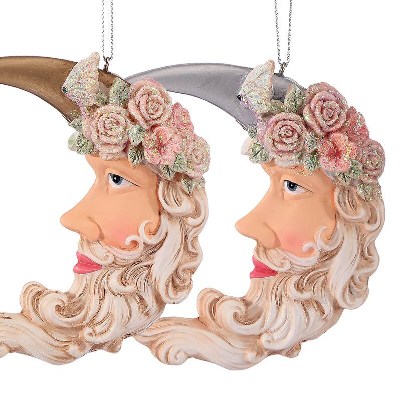 4" Resin Floral Crescent Santa Ornament Set of 2