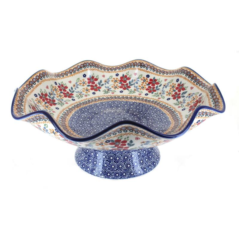 Blue Rose Polish Pottery P135 Manufaktura Large Fluted Pedestal Bowl - Red Daisy