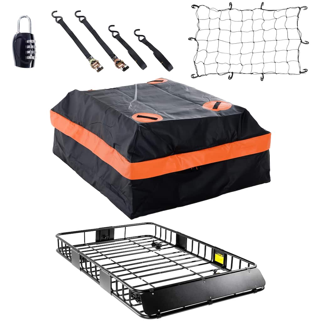 64 Inch Heavy Duty 250LB Roof Rack Cargo with 500D Waterproof Cargo Bag, Net Ratchet Strap, Car Top Luggage Holder Basket