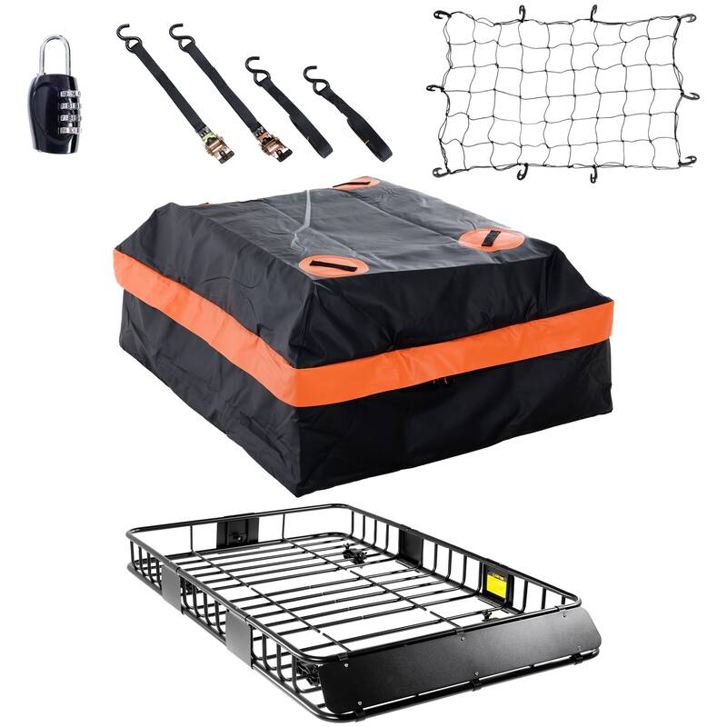 64 Inch Heavy Duty 250LB Roof Rack Cargo with 500D Waterproof Cargo Bag, Net Ratchet Strap, Car Top Luggage Holder Basket - Black