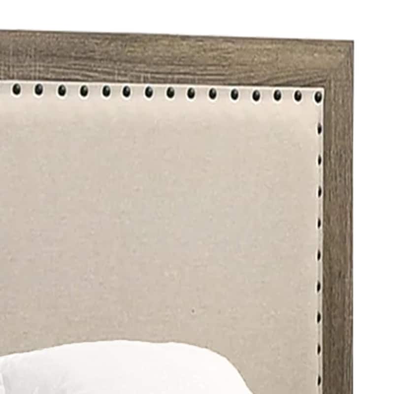 Shannon Twin Panel Bed with Nailhead Trim, Ivory Fabric, Gray Wood