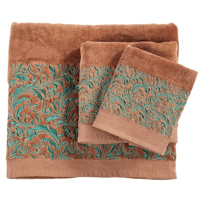 Paseo Road by Hiend Accents Wyatt Embroidered Turquoise Scroll Pattern Towel Set, Mocha, 3PC