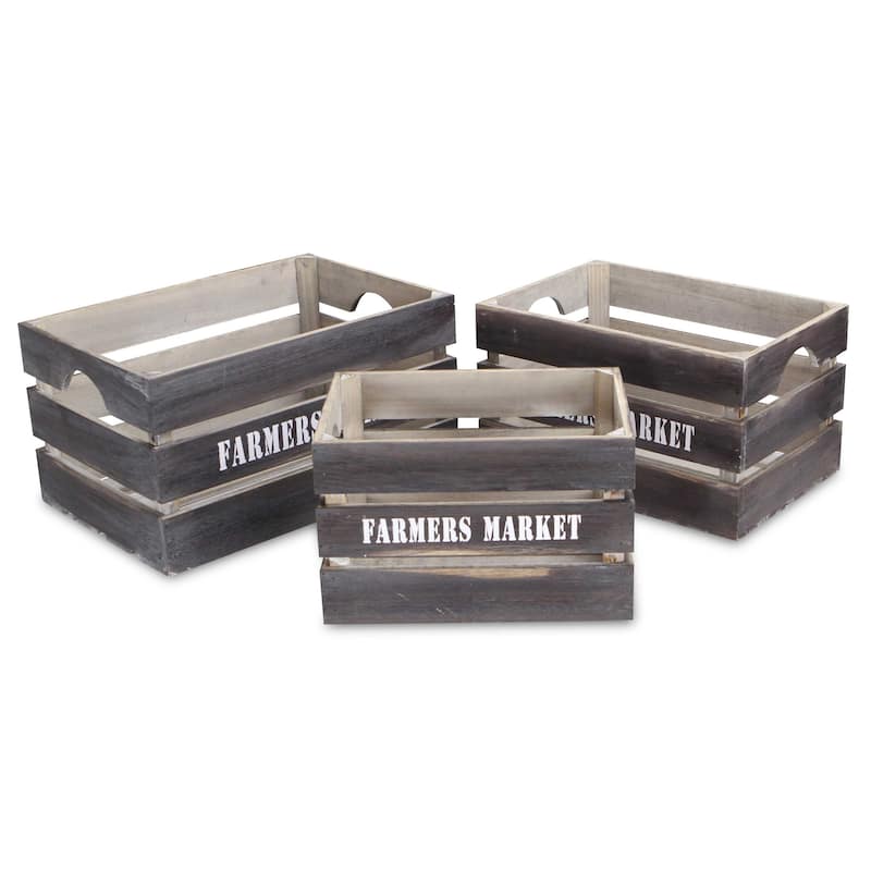 Brown Wood Farmers Market Labeled Crates (Set of 3)