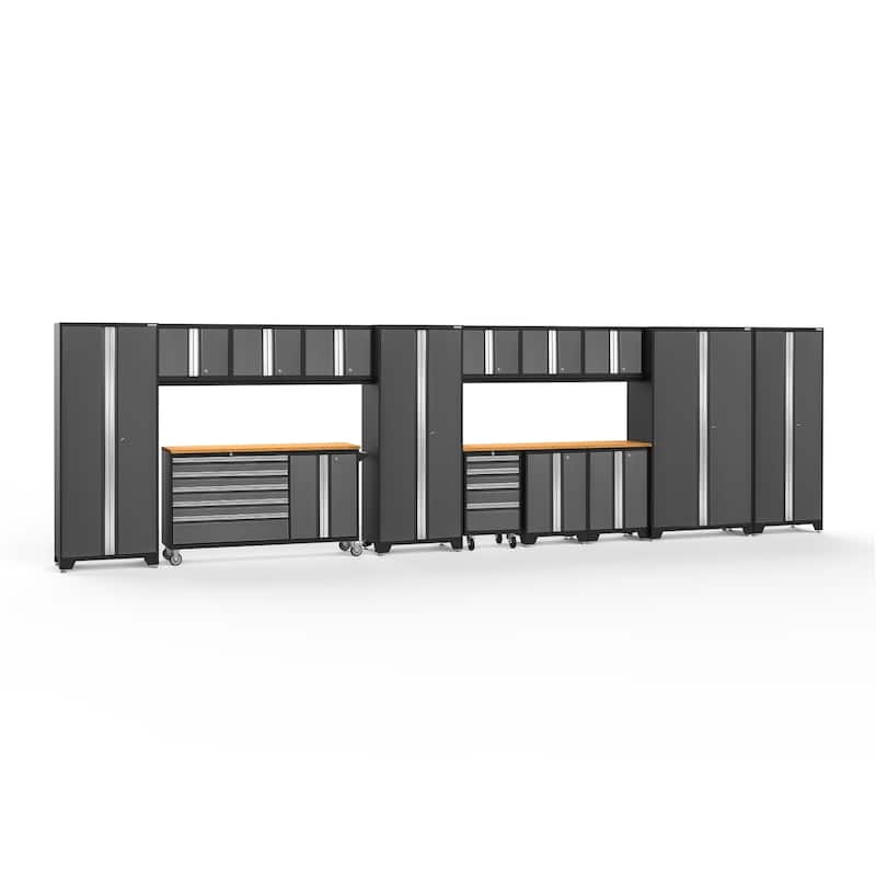 NewAge Products Bold Series 276" W x 18" D 15 Piece Garage Cabinet Set - Bamboo Top / No Slatwall - Gray