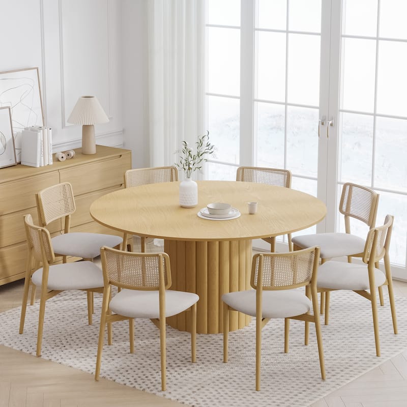 Solid Wood Round Dining Table Kitchen Table with Tabletop & Textured Cylindrical Base - 60 in.W x 30 in.H - Natural+Natural