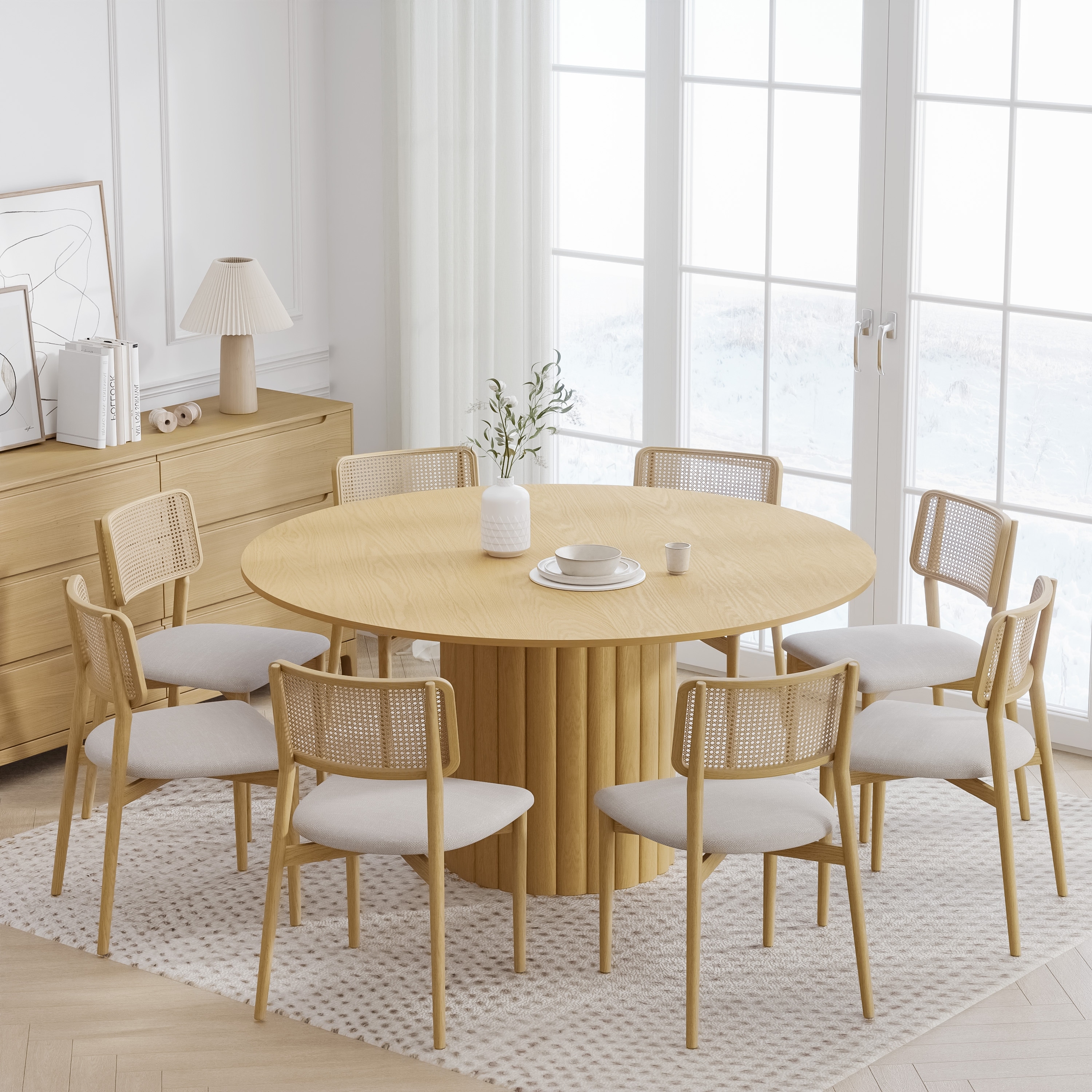 Solid Wood Round Dining Table Kitchen Table with Tabletop & Textured Cylindrical Base