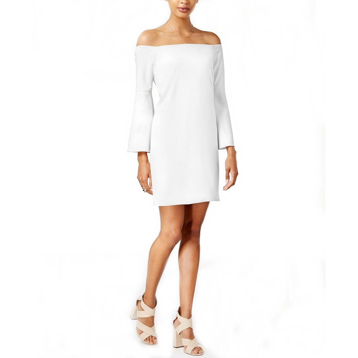 white off the shoulder bell sleeve dress