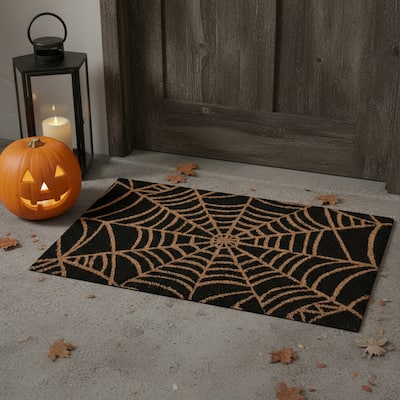 HomeRoots 17" X 29" Black And Natural Spiderweb Halloween Outdoor Coir Door Mat - 17.00' X '29.00