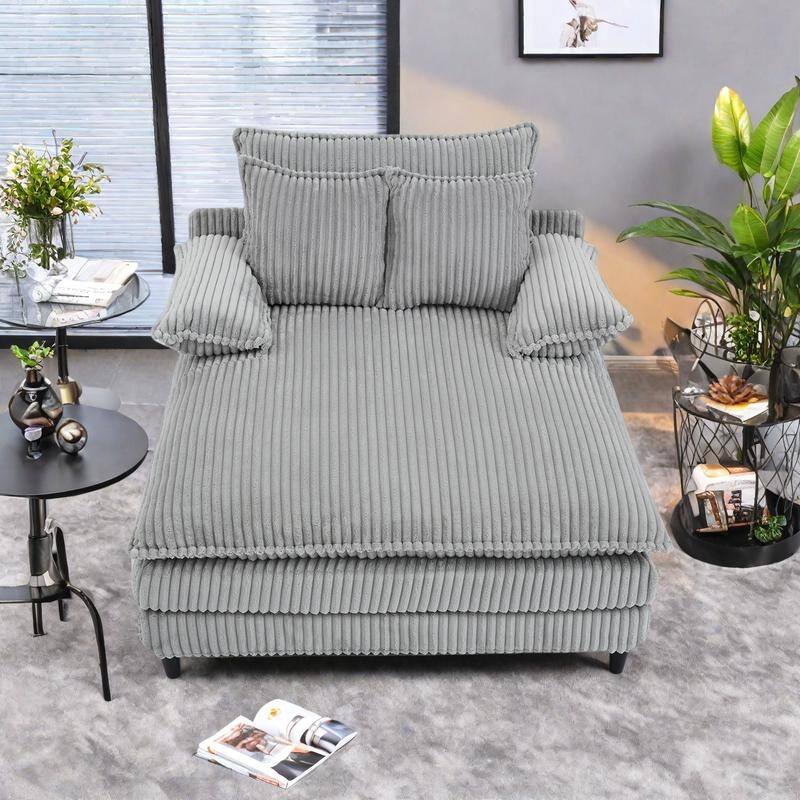 Corduroy Oversized Chaise Lounge with 4-Position Adjustable Backrest, 2 Pillows & 300lb Capacity - Convertible Sofa Bed - Gray