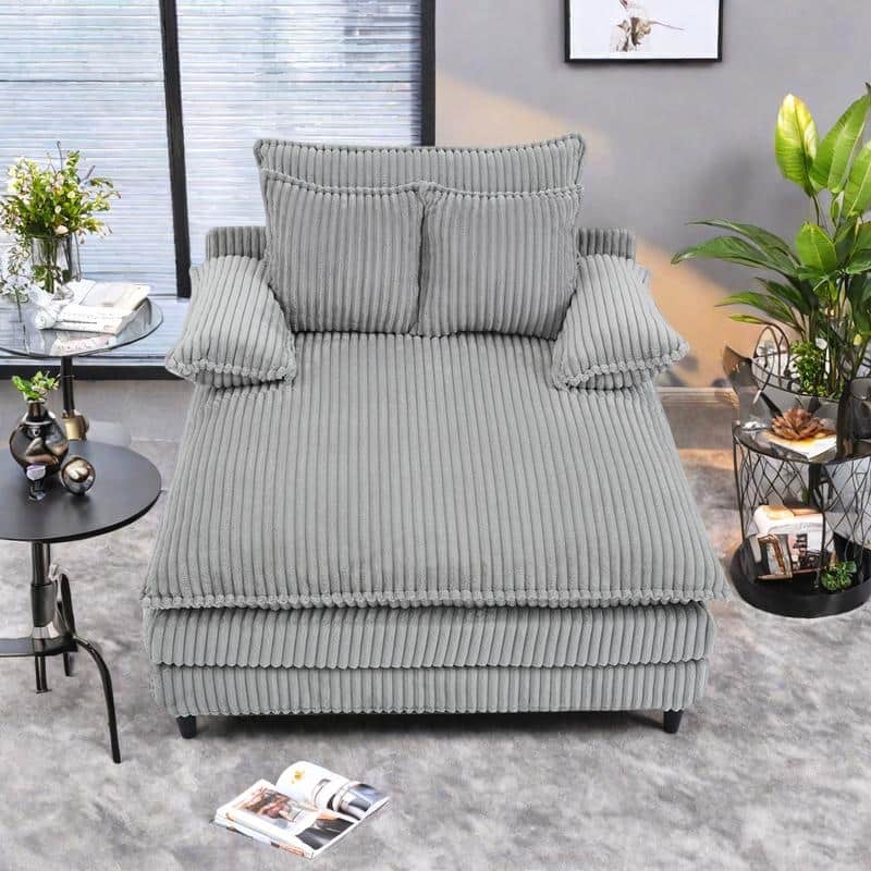 Corduroy Oversized Chaise Lounge with 4-Position Adjustable Backrest, 2 Pillows & 300lb Capacity - Convertible Sofa Bed