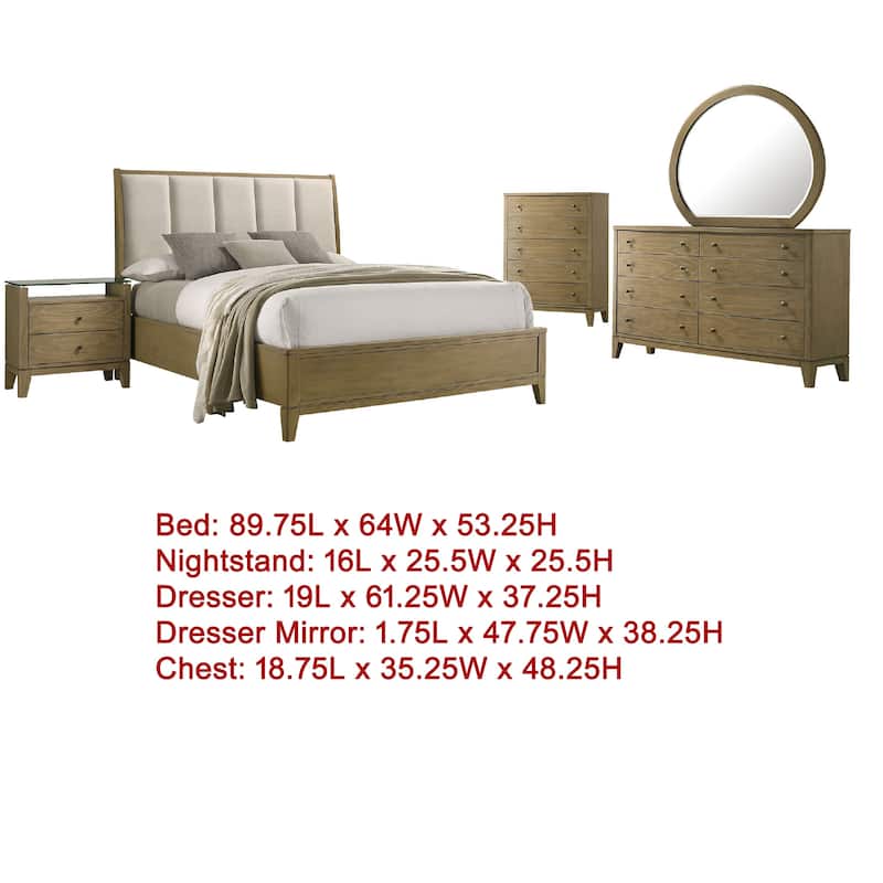 Heon 5pc Queen Bedroom Set, Beige Tufted Headboard, Natural Brown