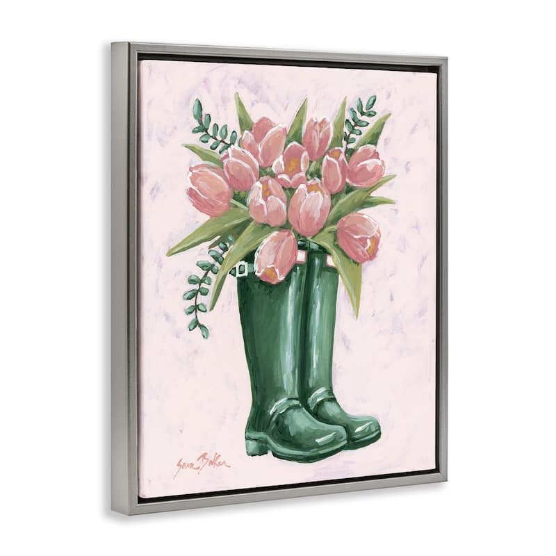 Stupell Pink Tulips in Boots Framed Floater Canvas Wall Art Design By Sara Baker