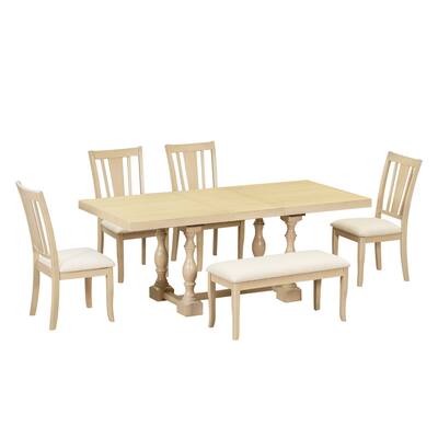 Traditional 6-Piece 78inch Trestle Extendable Dining Table Set with One 18inch Removable Leaf, Padded Dining Chairs and Bench