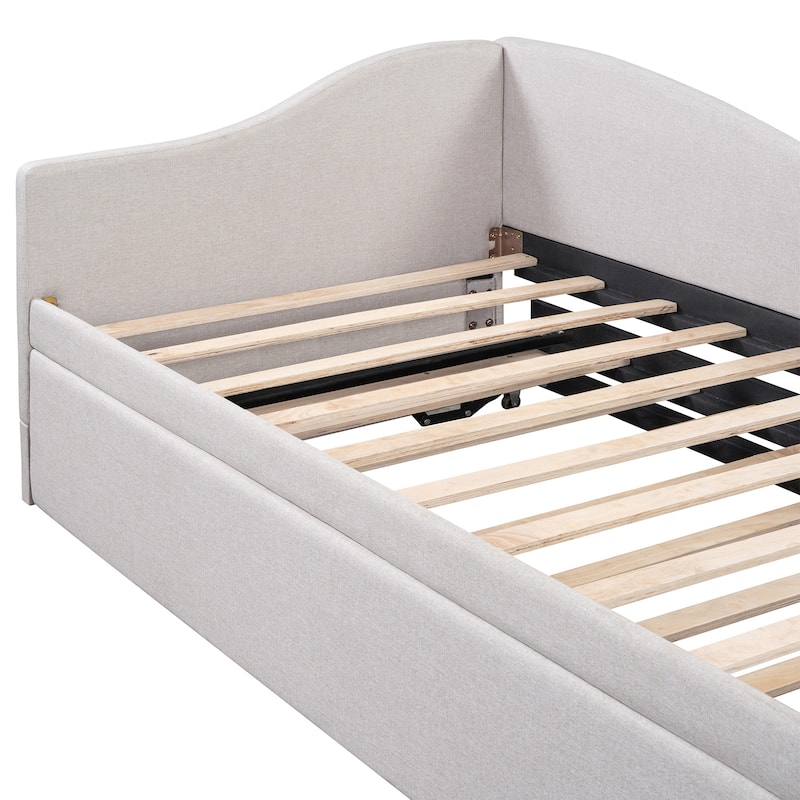 L-Shaped Daybed Twin To King Upholstered Daybed with Pop Up Trundle Linen & Wood Bed Frame for for Youth Teens or Adults
