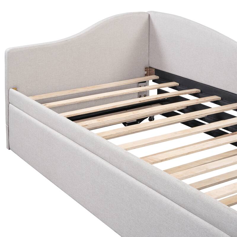 Roomfitters Twin Size Upholstered L-Shaped Daybed with Pop Up Trundle, Space Saving Fabric Sofa Bed Frame with Slats