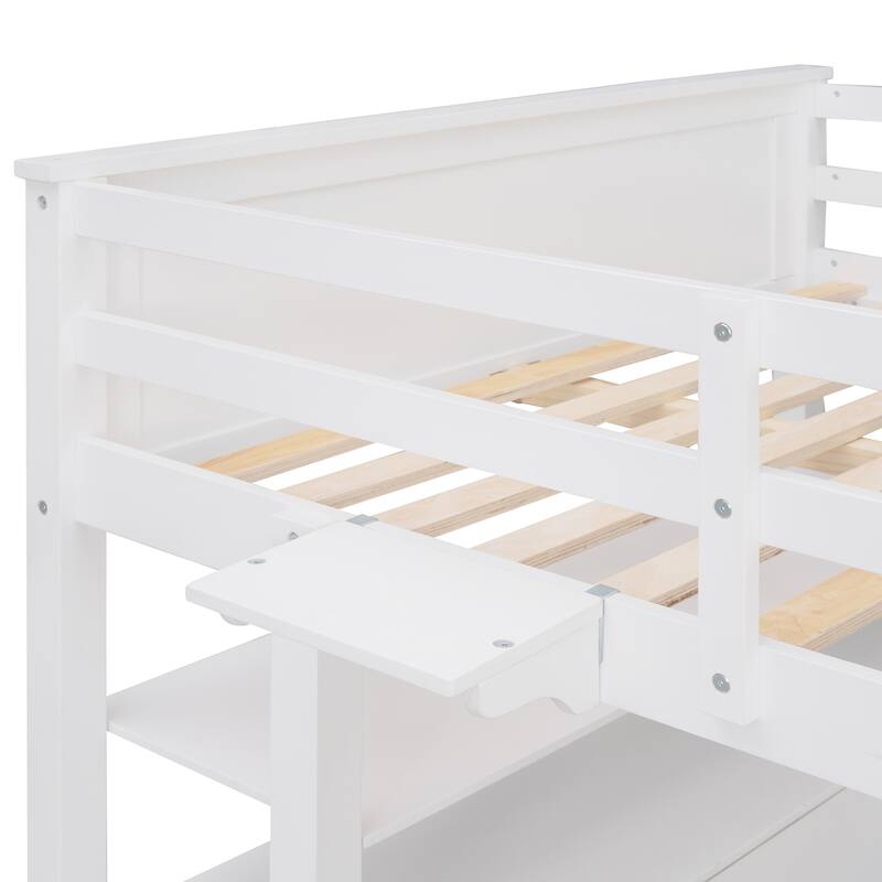 Full Size Wooden Loft Bed with Drawers, Desk, and Shelves in White