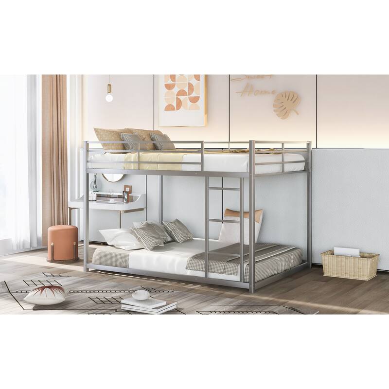 Sturdy Full over Full Metal Bunk Bed with Guardrails and Ladder, White