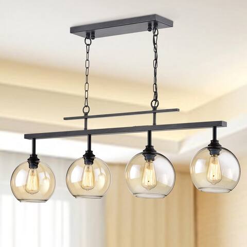 Antique Black 4-Light Linear Kitchen Island Chandelier with Amber Glass Shades