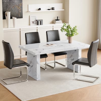 5 Piece Rectangular Dining Table Set, Modern 63" Imitation Marble Dining Table w/ 4 PU Upholstered Chair for Kitchen