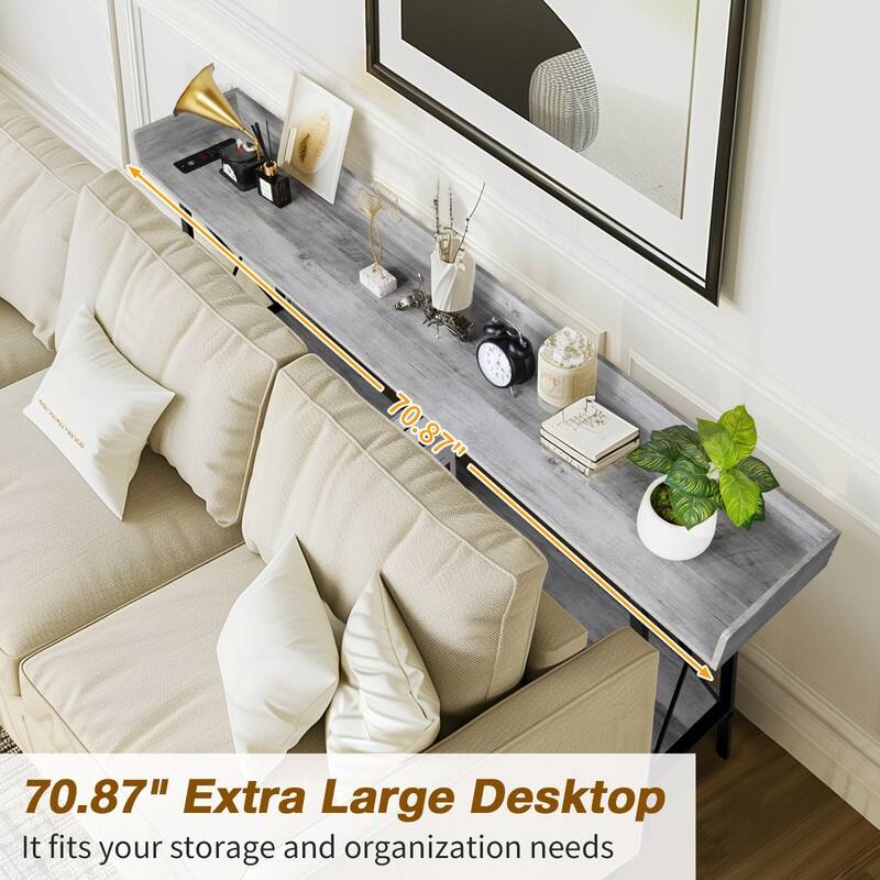 70.9 inch Console Table with 2 Power Outlets and USB Ports, Rustic Industrial Sofa Table for Living Room