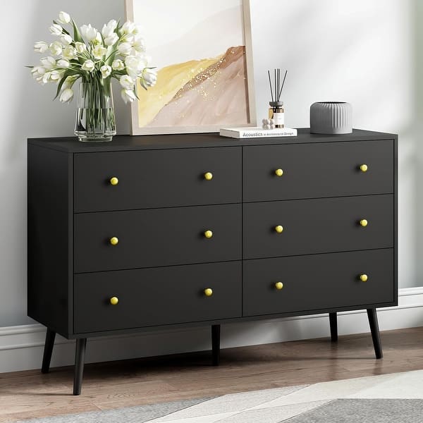 Modern Black Dresser with 6 Drawers, Gold Handles, Mid Century Design for Bedroom or Living Room - Bed Bath & Beyond