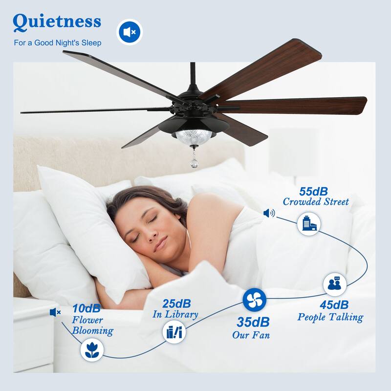 CurveCurio 72" Antique Lagre Ceiling Fan, Wood Blades and LED Lights Kit w Crystal Shade, Quiet DC Motor 6 Speed w Remote
