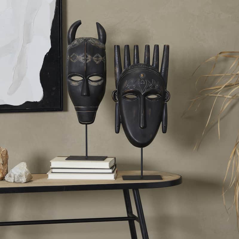 Polystone Mask Handmade Carved Decorative Sculpture - Set of 2 Black - Roche River Decor