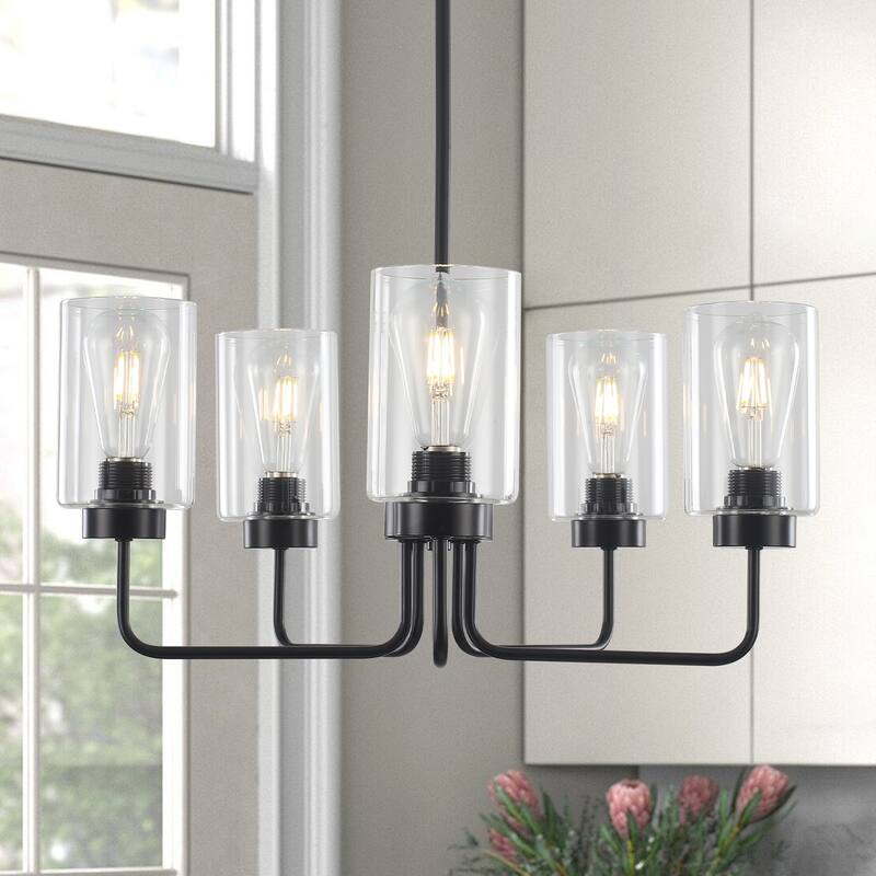 22" wide 5-light Glass Chandelier, Industrial Farmhouse Ceiling Light with Glass Lampshade for Living room, Dining room, Kitchen