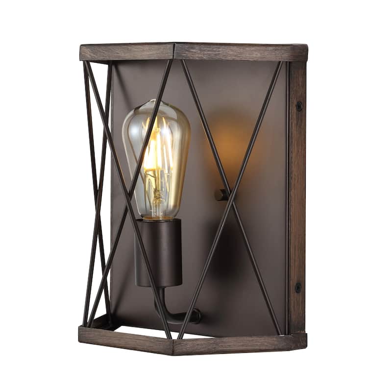 Evan 8.25" 1-Light Rustic Farmhouse Iron LED Sconce, Wood Finished/Oil Rubbed Bronze by JONATHAN Y