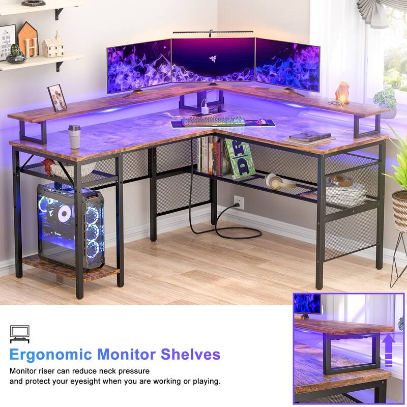 L Shape Computer Desk Reversible Gaming Desk with Charge Station and LED Light