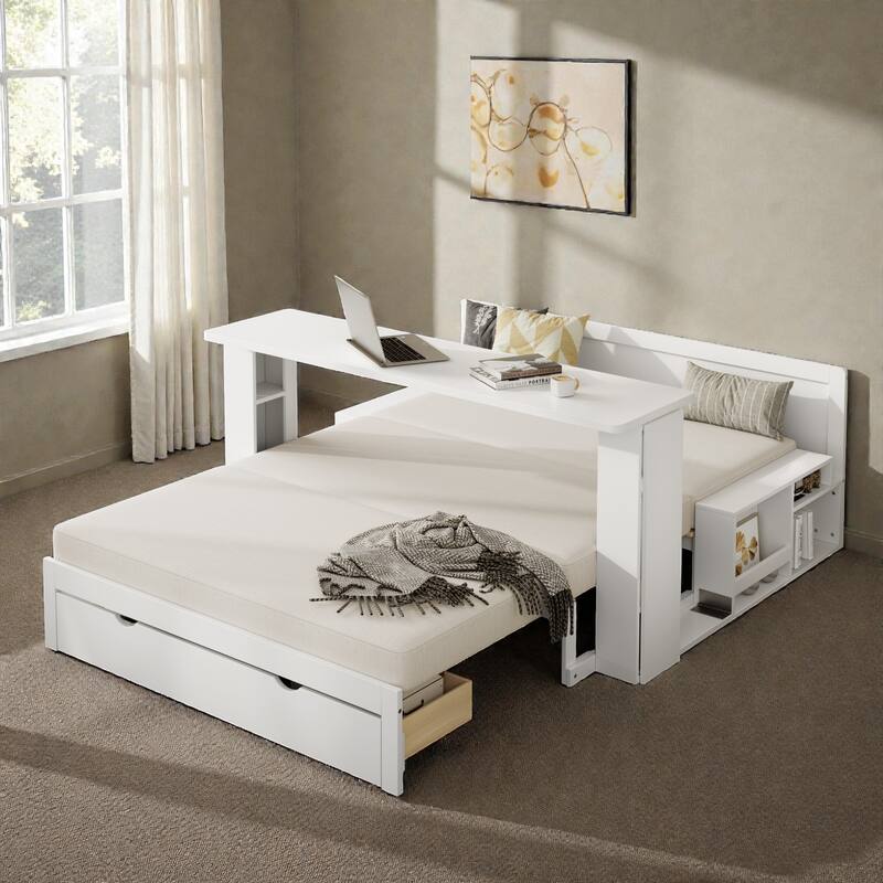 Full Size Daybed with Removable Desk, Storage Drawers & Hydraulic Side Table, Multi-Functional Sofa Bed for Small Spaces