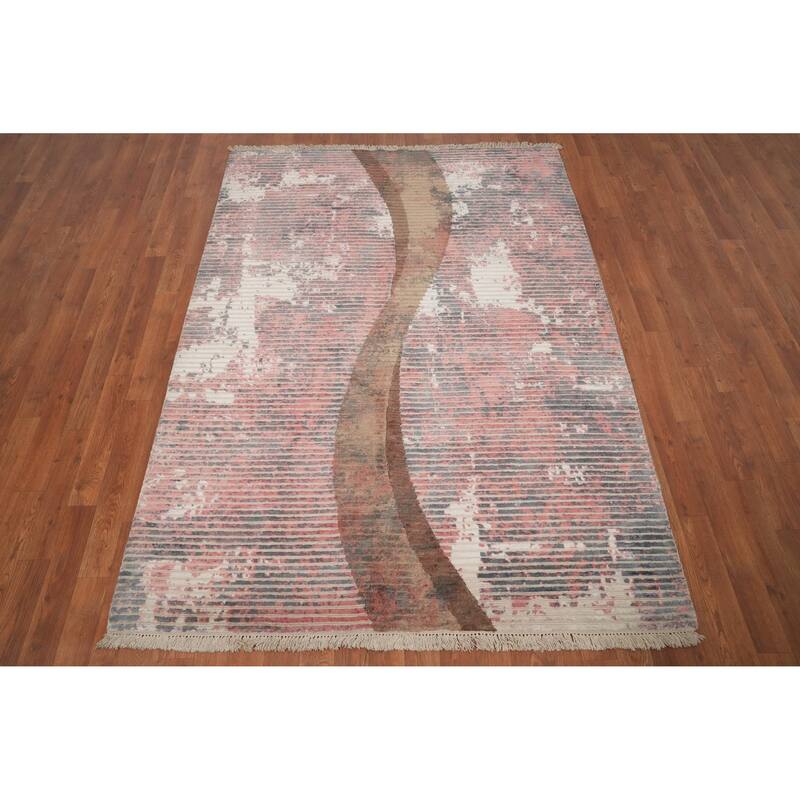 Hand Knotted Oriental Viscose Silk Carpet Modern Stripe Coral Abstract Area Rug - 6' 6'' X 4' 9''