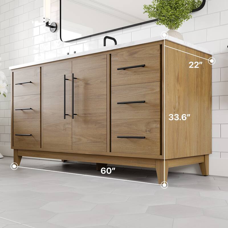 Graham 60"W Oak SS Bath Vanity with WH Arabescato Engineered Stone Top