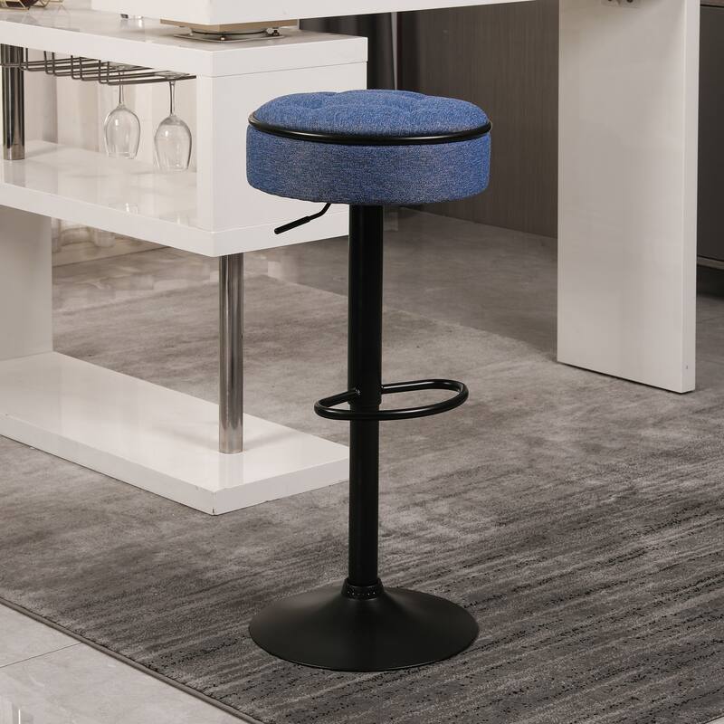 Height Adjustable Bar Stool Blue Armless Bar Chair Round Storage Bar Stool with Metal Frame for Kitchen Living Room