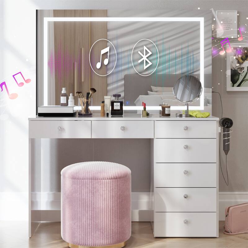 Boahaus Makeup Vanity Desk with LED Mirror & Bluetooth Speakers