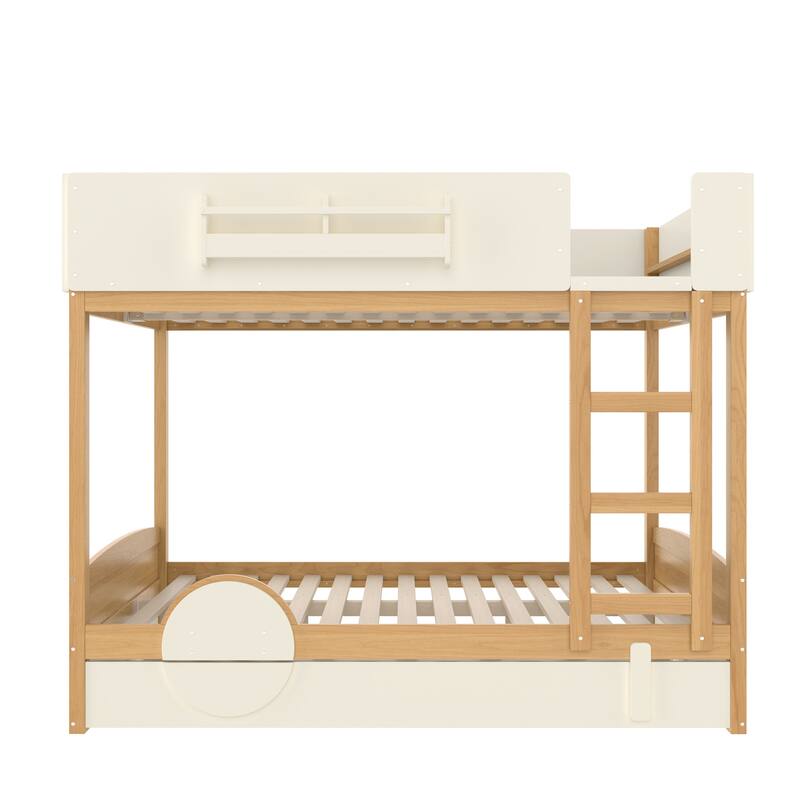 Queen Bunk Bed with Trundle, Wood Bunk Bed Frame with Built-in Bookshelf and High-quality Safety Guardrail