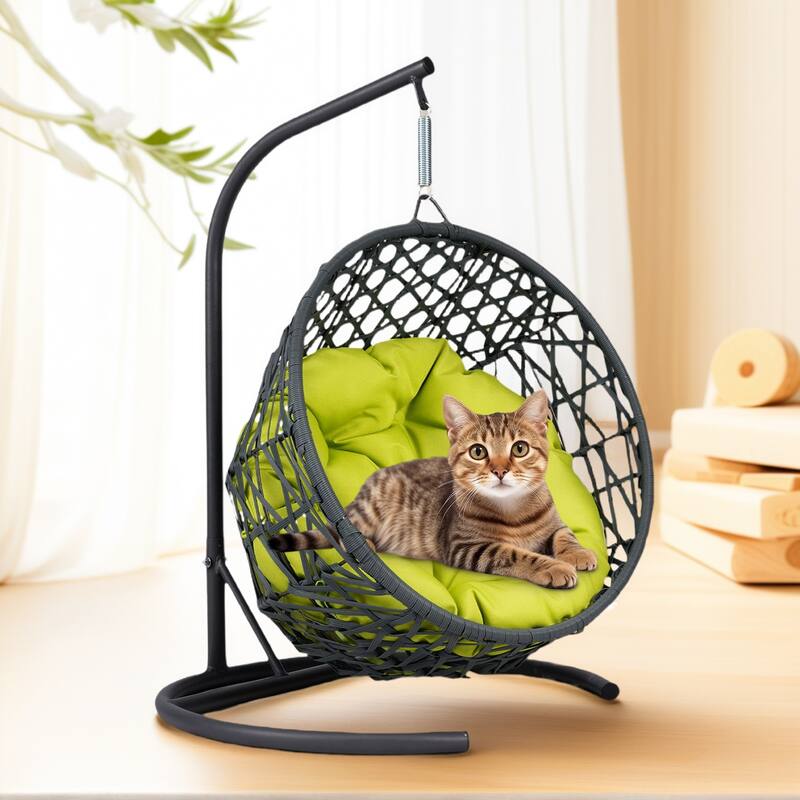 Pet Hanging Swing Bed, Rattan Hammock with Removable Soft Cushion, Cat Swing Bed with Stand & Cushion, Small Animals
