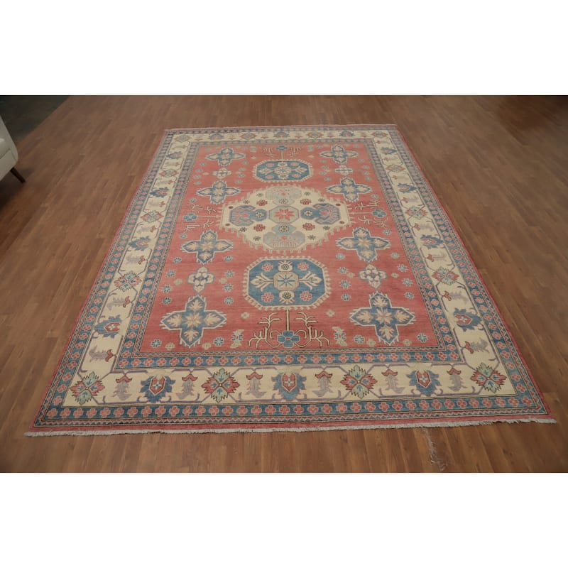 Hand Knotted Oriental 100% Wool Carpet Traditional Geometric Oranges & Rust Kazak Area Rug - 12' 0'' X 8' 11''