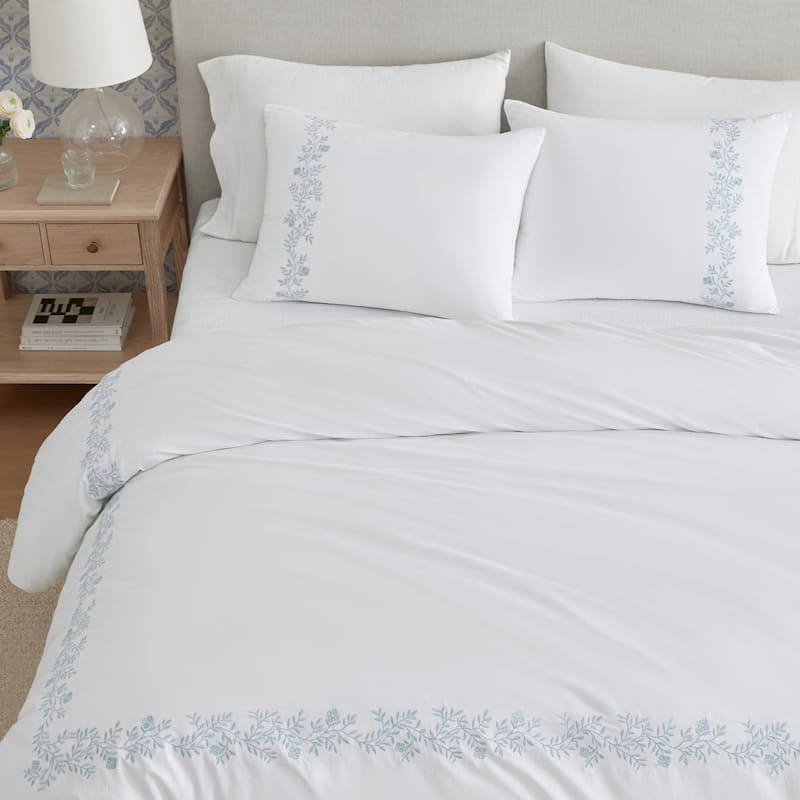Martha Stewart Garden Path Embroidery Cotton Blue Duvet Cover Set