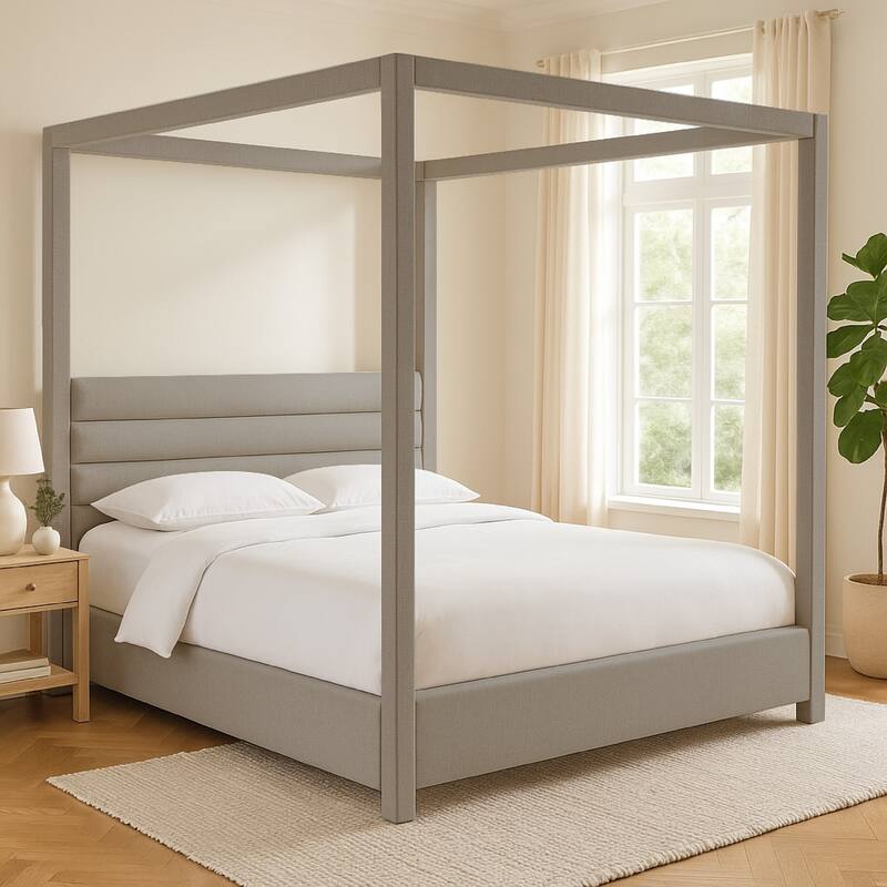 Riu King Size Canopy Bed, Panel Headboard with Tufted Gray Linen Upholstery