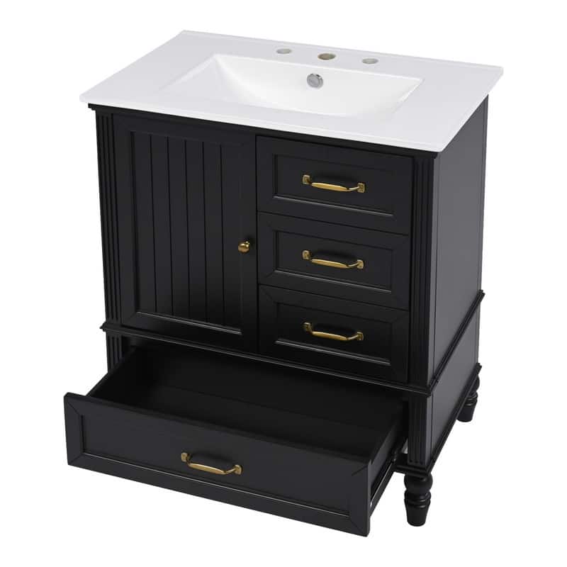 30" Bathroom Vanity with Ceramic Sink Top, Modern Bathroom Storage Cabinet with 1 Door, 3 Drawers and Solid Wood Legs
