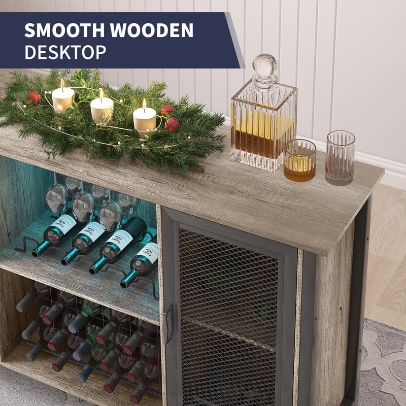 Mixoy LED Wine Bar Cabinet,Home Bar Industrial Sideboard Storage Buffet Cabinet,Farmhouse Coffee Bar Cabinet for Liquor,Glasses