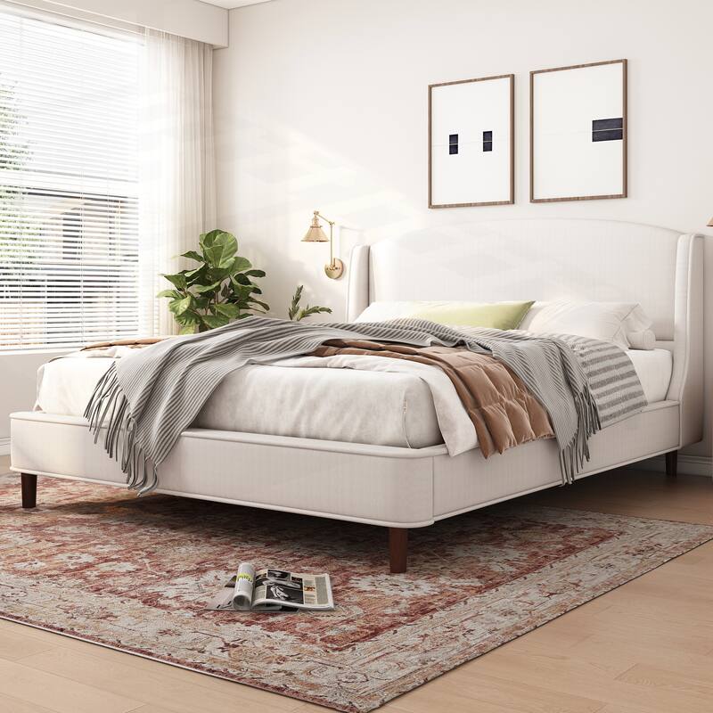 Comfortable Platform Bed with Stylish Headboard for Bedroom Enhancement - Beige - King
