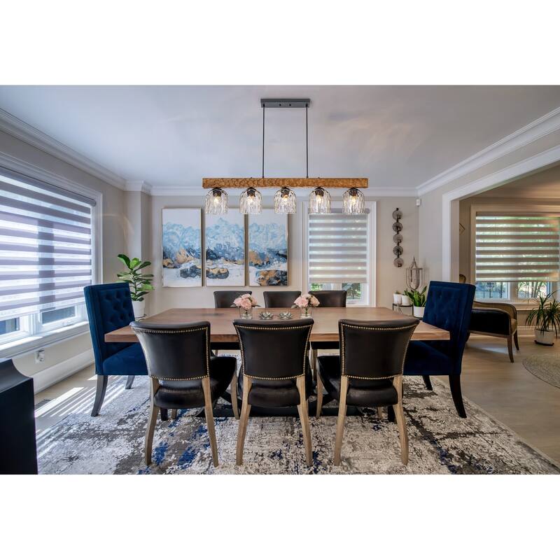 Farmhouse 5-Light Linear Island Pendant with Hammered Glass Shades and Antique Wood Finish