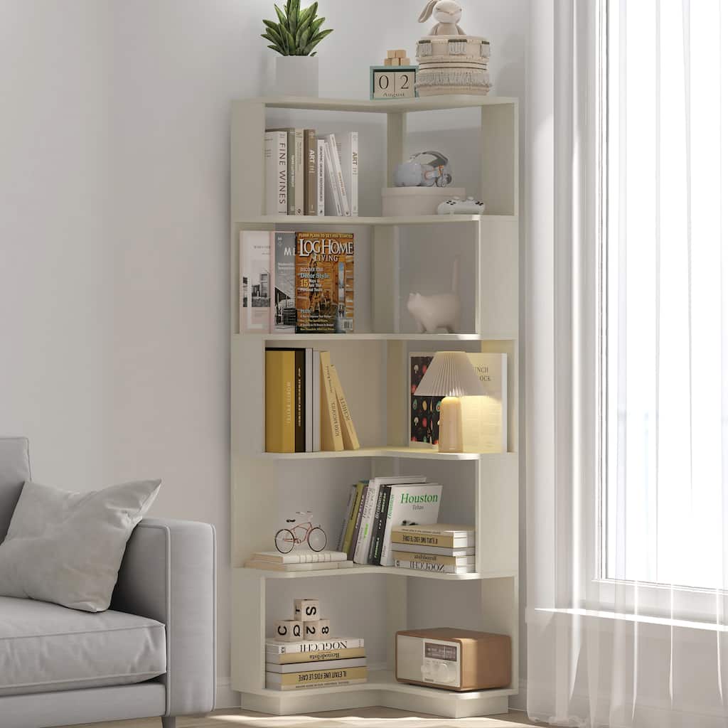6 Tier Freestanding L-Shaped Corner Bookshelf For Living Room, Bedroom, Wooden Bookcase with anti tipping device