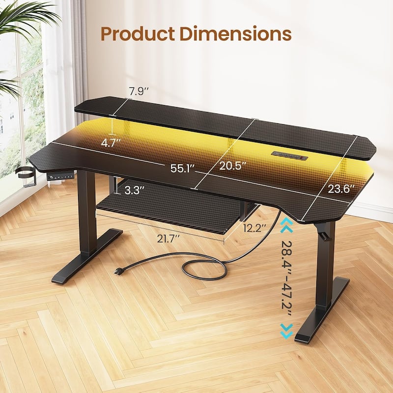55" Standing Gaming Desk Long Computer Desk Power Strip Keyboard Tray