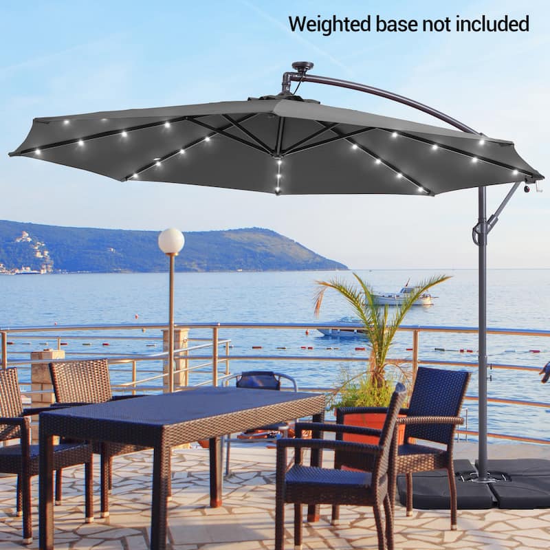 10Ft LED Patio Offset Umbrella Hanging Circle Umbrellas,w/Cross Base - Dark Gray