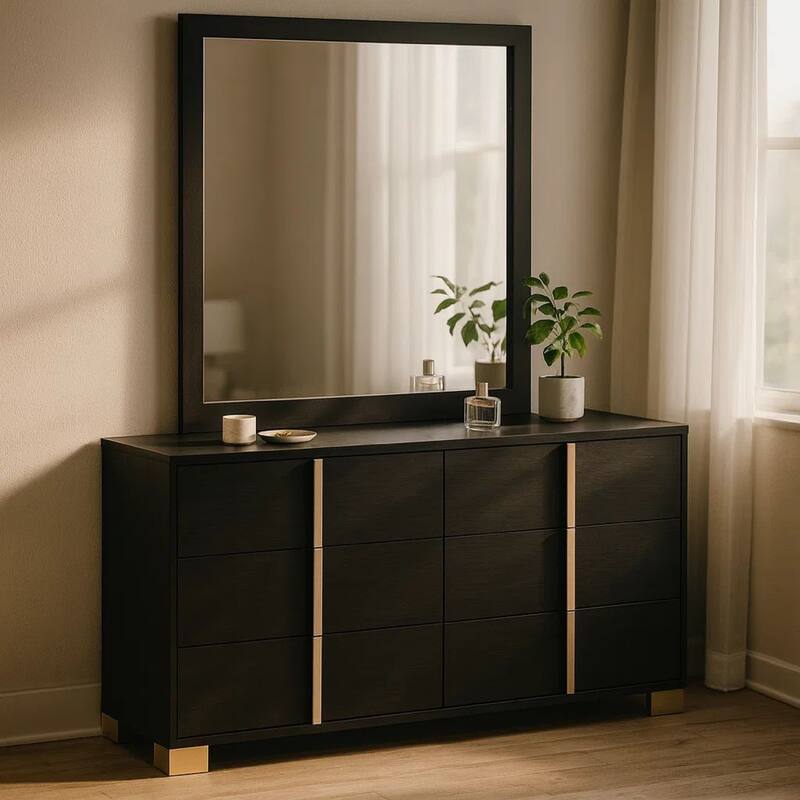 Dex Wide 6 Drawer Dresser with Mirror, Contemporary Gold Metal, Black