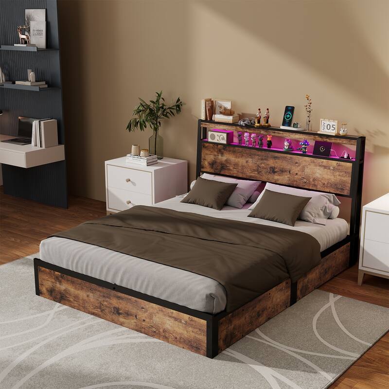 Lift Up Storage Bed Frame/Metal Platform Bed Frame with Charging Station&LED Lights/Noise-Free/No Box Spring Needed/Rustic Brown