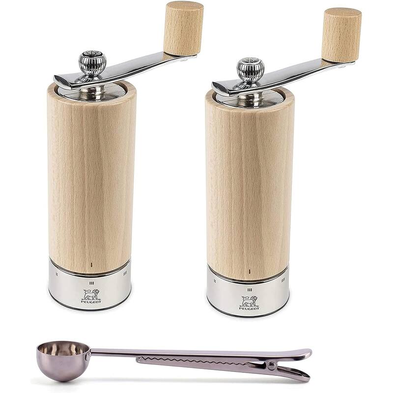 Peugeot Isen u'Select Salt & Pepper Mills Gift Set 18cm-7in, Natural - With Stainless Steel Spice Scoop & Clip - 3 Piece